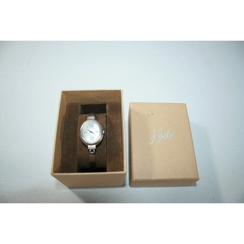 Vintage J Jill Ladies Silver MOP Dial Oval Cuff Bangle Analog Quartz Watch W Box